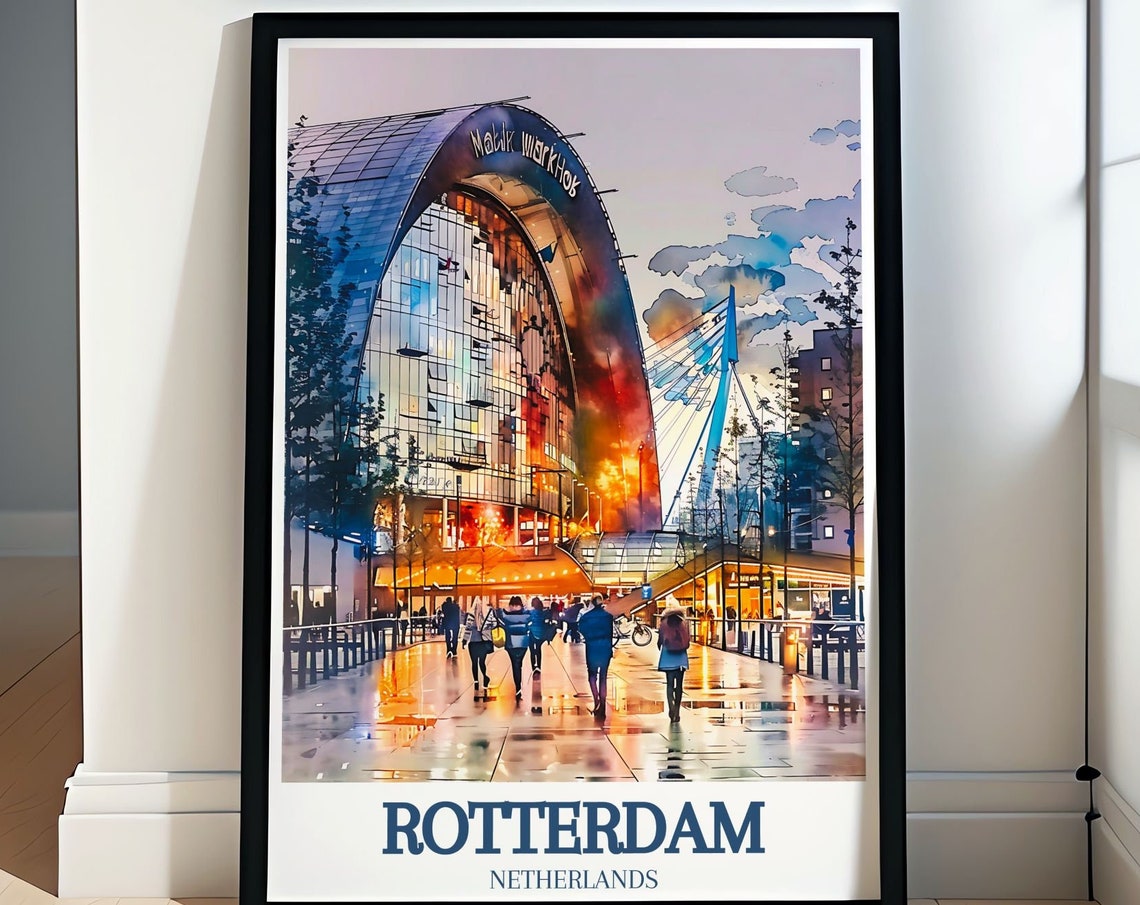 Rotterdam Markthal And Erasmus Bridge Illuminated Dusk Poster