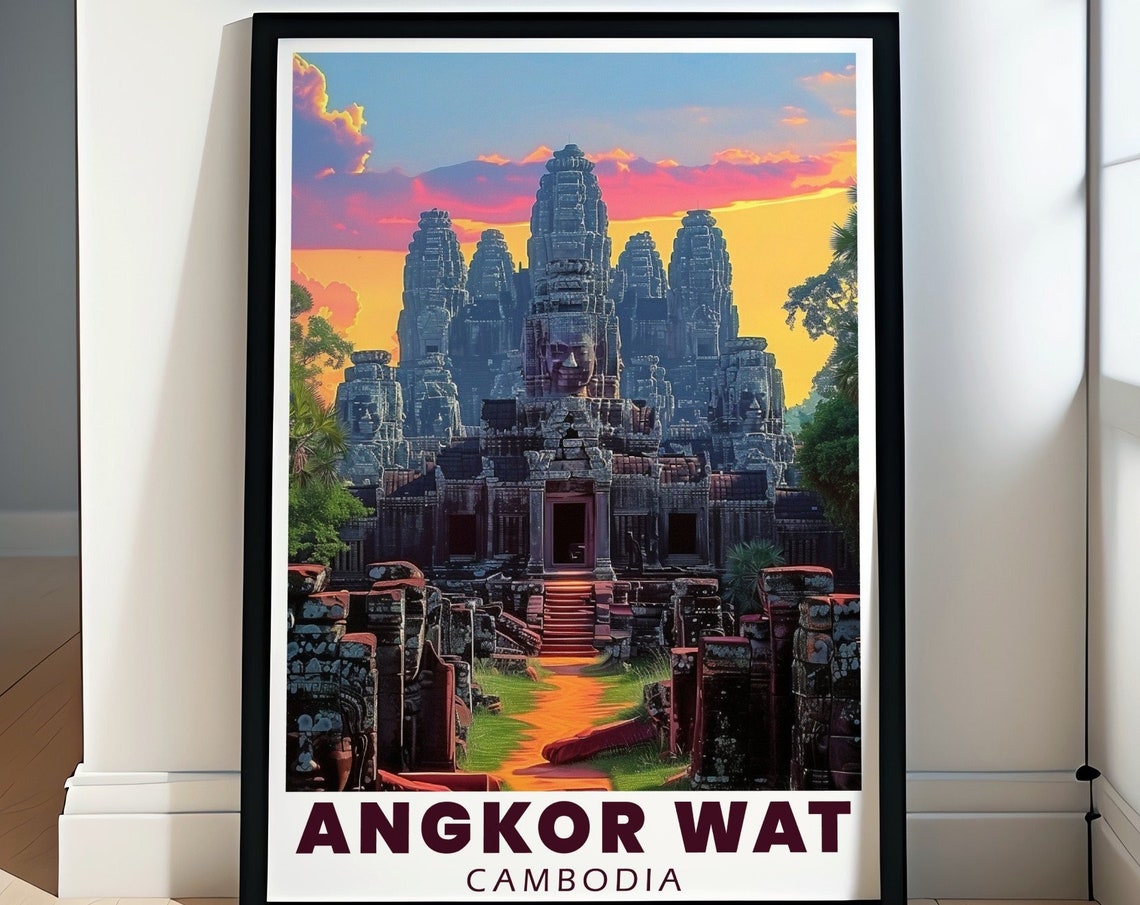 Angkor Bayon Stone Faces Sunset Cambodia Temple Travel Poster