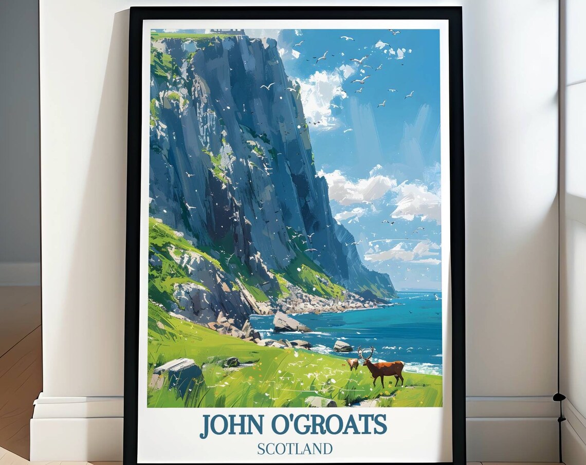 John O'Groats Towering Cliffs Seabirds and Red Deer Scotland Poster