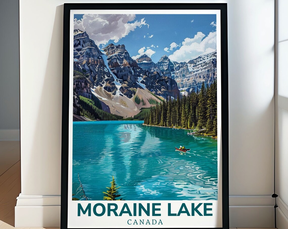 Moraine Lake Canoe Gliding on Turquoise Water in Banff Poster