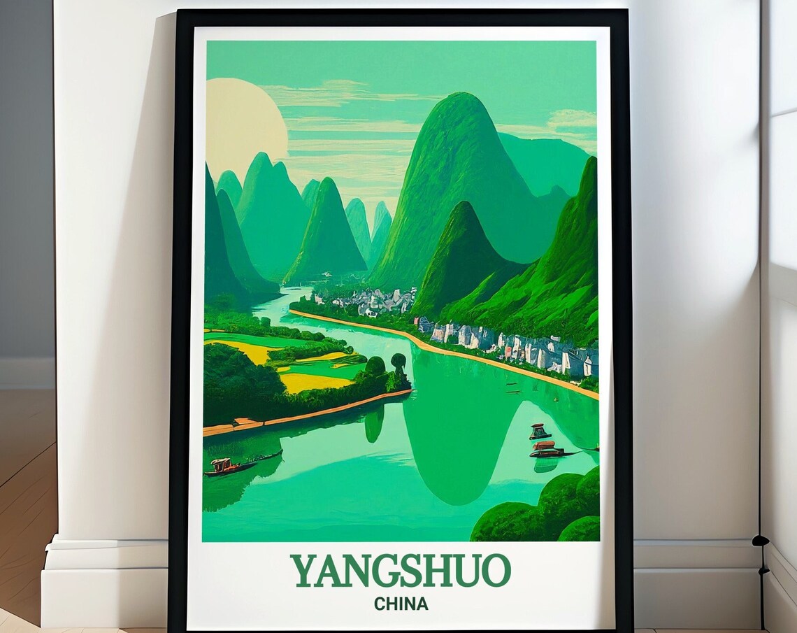 Yangshuo Scenic Karst Peaks Over Li River Boats China Travel Poster