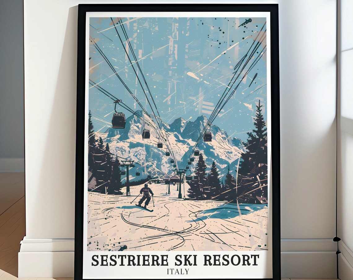 Sestriere Ski Resort Italy Gondolas Over Snowy Slopes Poster
