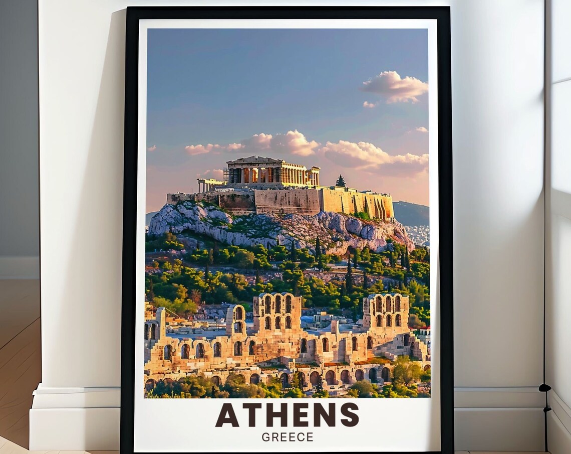 Athens Acropolis and Parthenon at Sunset Over the City Travel Poster