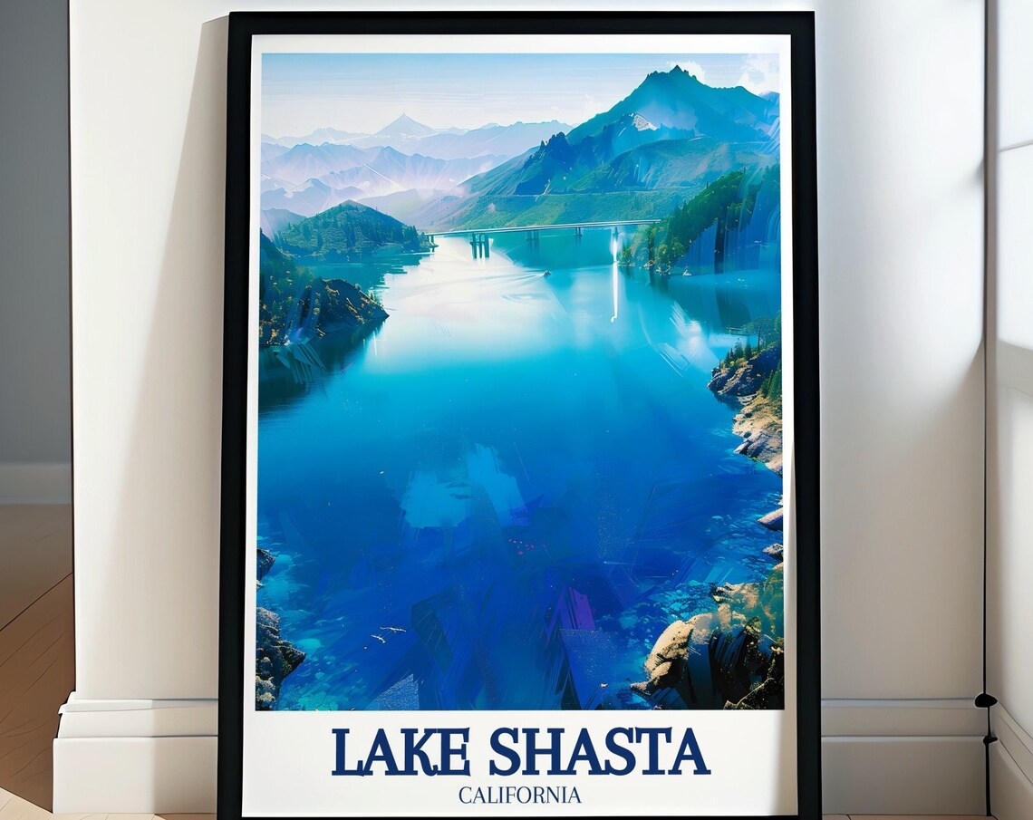 Aerial View of Blue Lake Shasta With Mountain Peaks Travel Poster