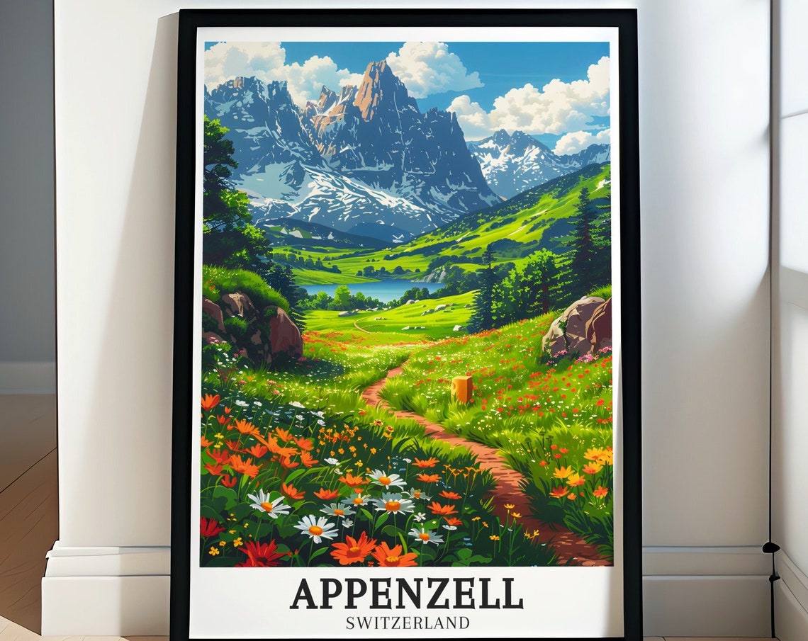 Appenzell Travel Poster Seealpsee Lake And Alpstein Mountains Gift Print Appenzell Wall Print And Seealpsee Lake Art