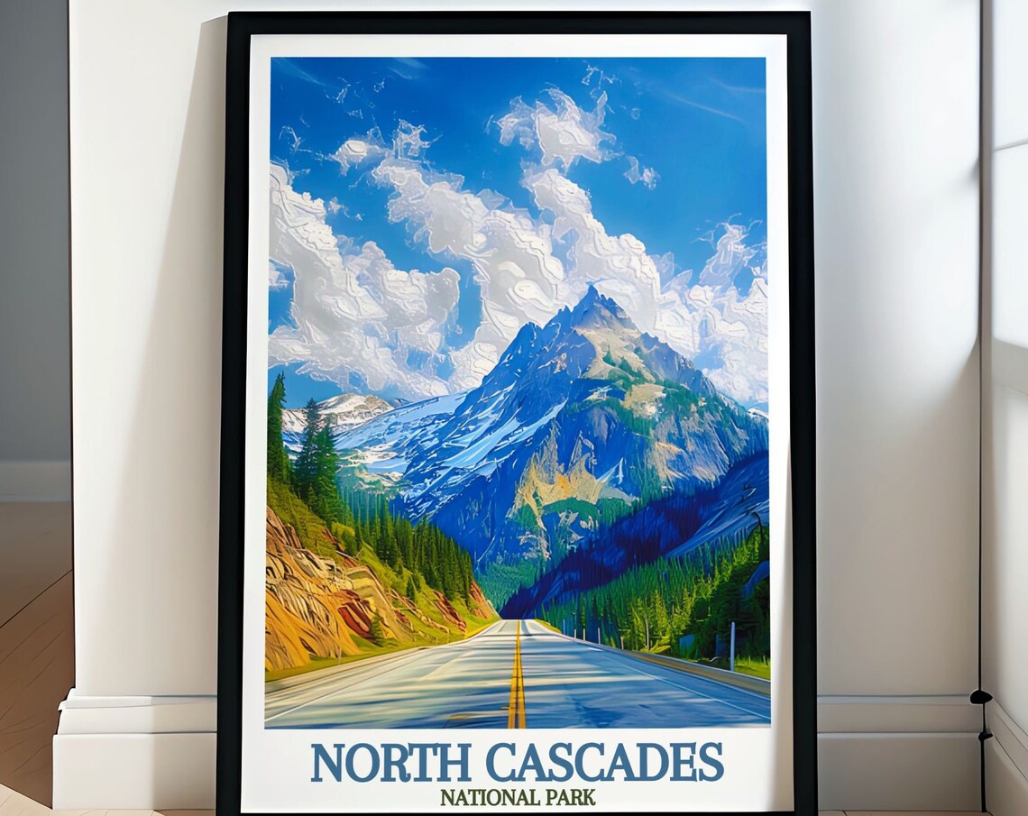 North Cascades Highway Open Mountain Road Under Blue Sky Park Poster