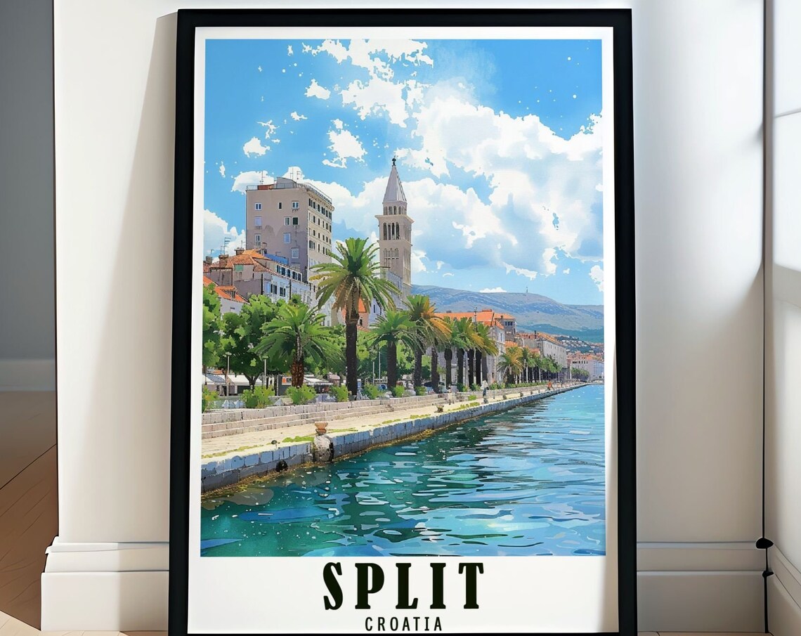 Split Riva Promenade Palm Trees Bell Tower Croatia Waterfront Poster