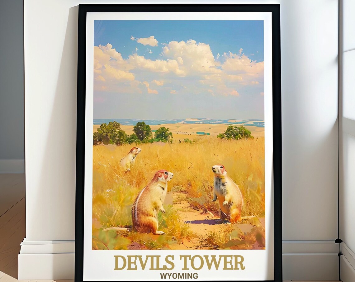 Devils Tower Wyoming Prairie Dogs Golden Grassland Travel Poster
