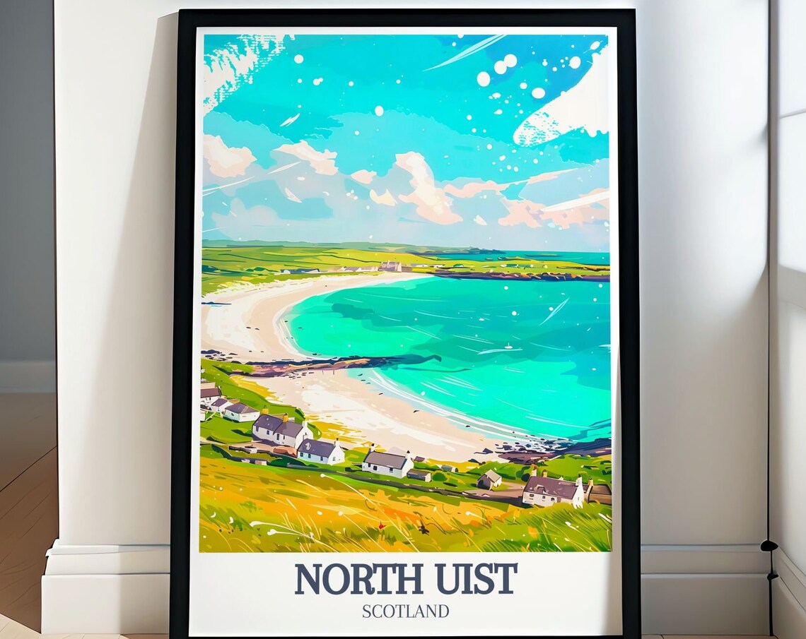 North Uist Turquoise Bay White Sand Beach Cottages Coastal Travel Poster