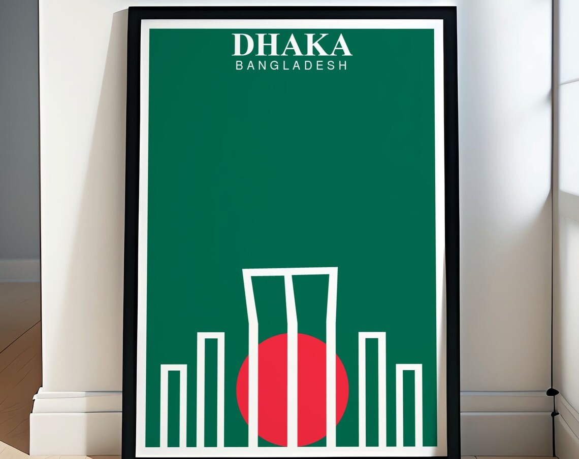 Dhaka Shaheed Minar Minimalist Line Art Bangladesh Flag Green Poster