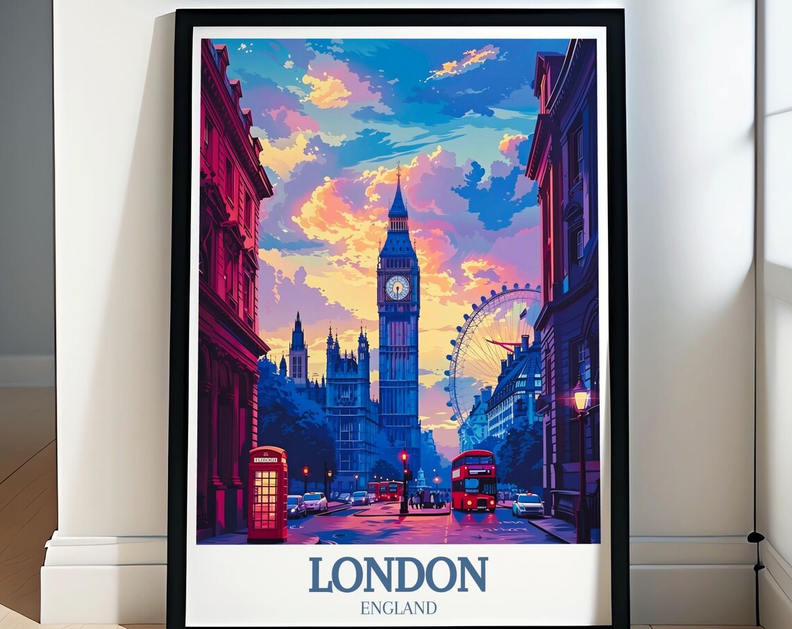 London Sunset Poster With Big Ben London Eye And Red Bus Landmarks