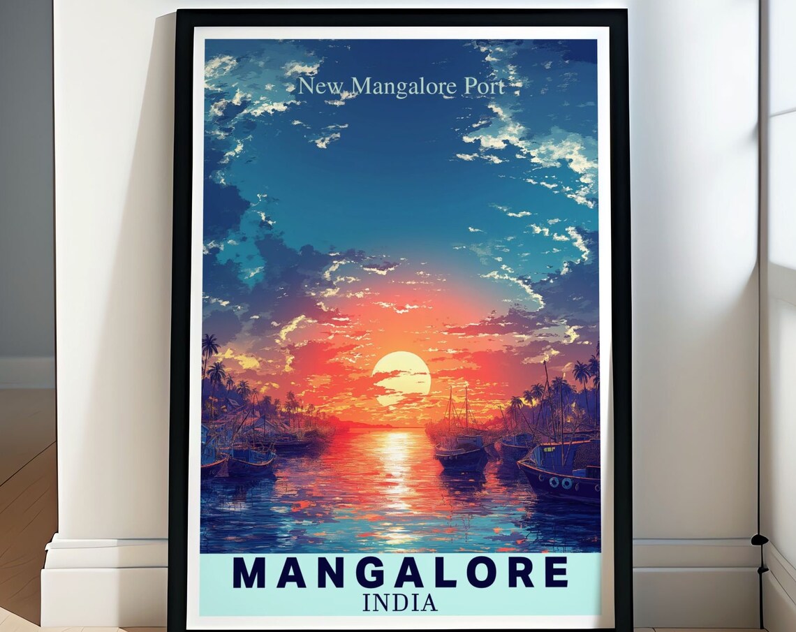 New Mangalore Port Sunset Harbor Fishing Boats India Travel Poster
