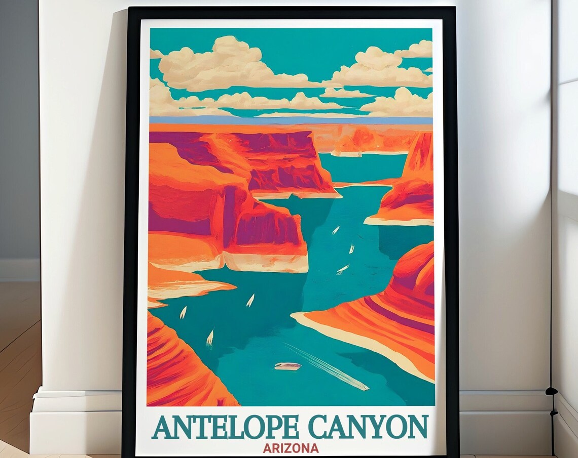 Antelope Canyon Turquoise Lake Boats Red Rock Desert Scenic Poster