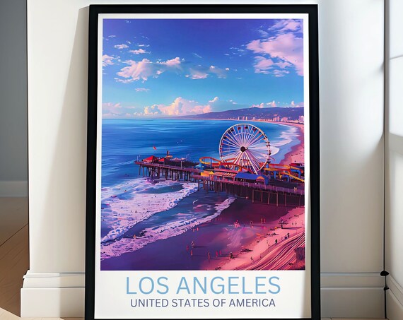 Los Angeles Santa Monica Pier Sunset Beach Coastal Travel Poster