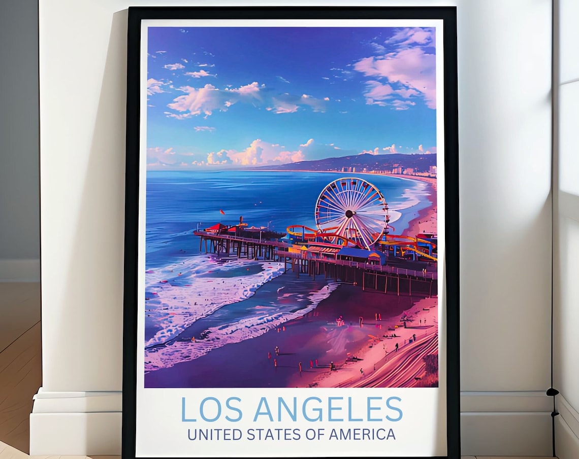 Los Angeles Santa Monica Pier Sunset Beach Coastal Travel Poster