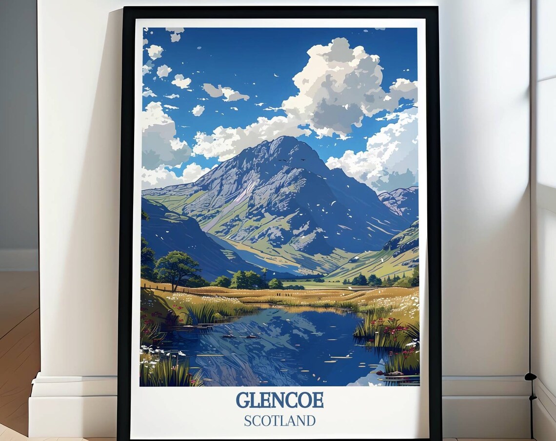 Glencoe Scotland Blue Mountain Loch Reflection Travel Poster