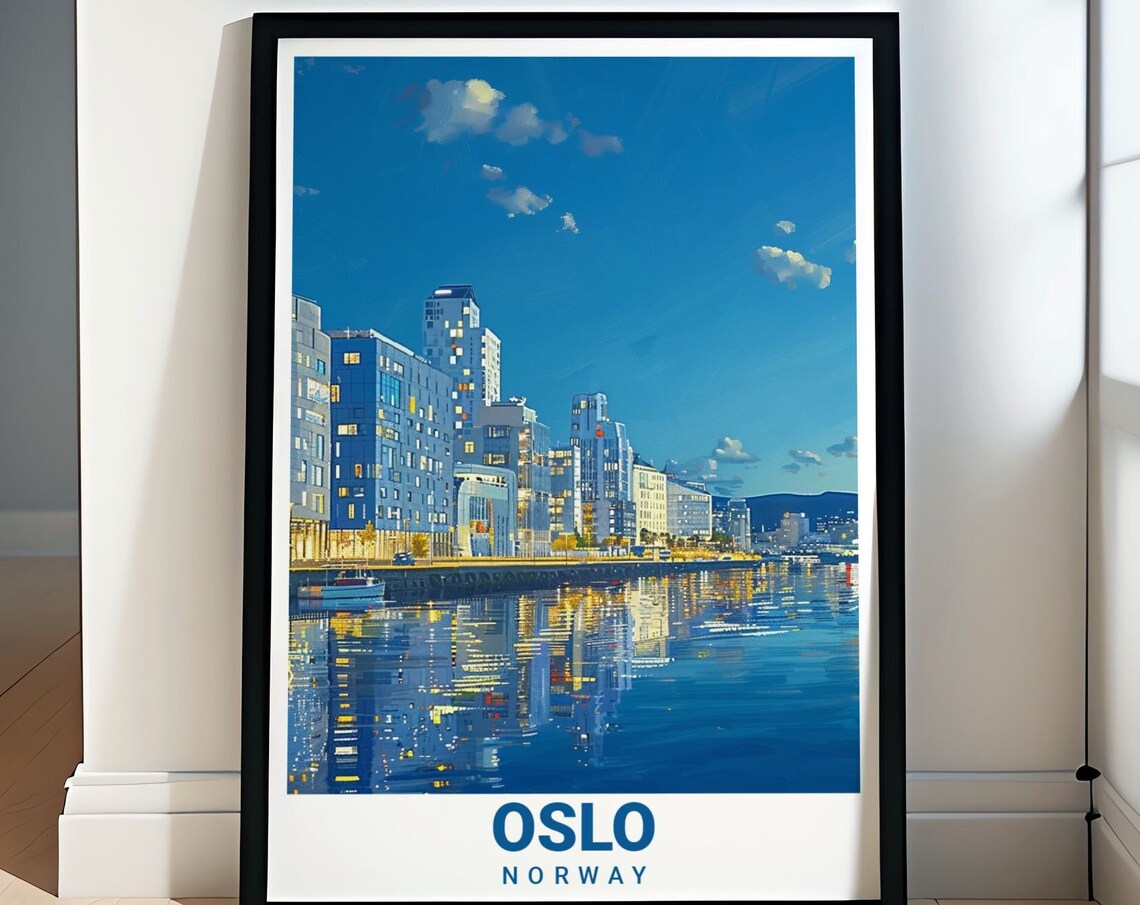 Oslo Barcode Waterfront Skyline Glowing at Night Norway Travel Poster