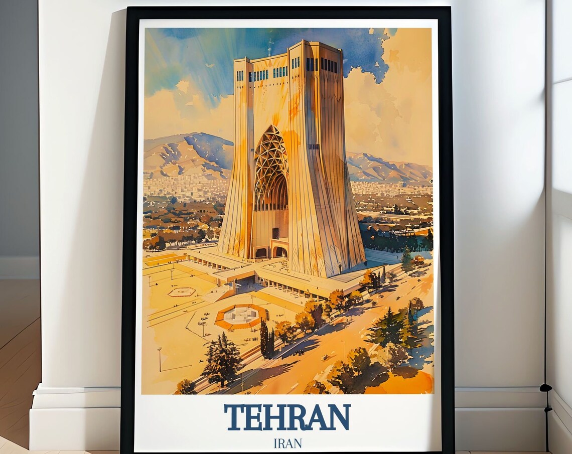 Tehran Iran Azadi Tower Golden Plaza Watercolor Travel Poster