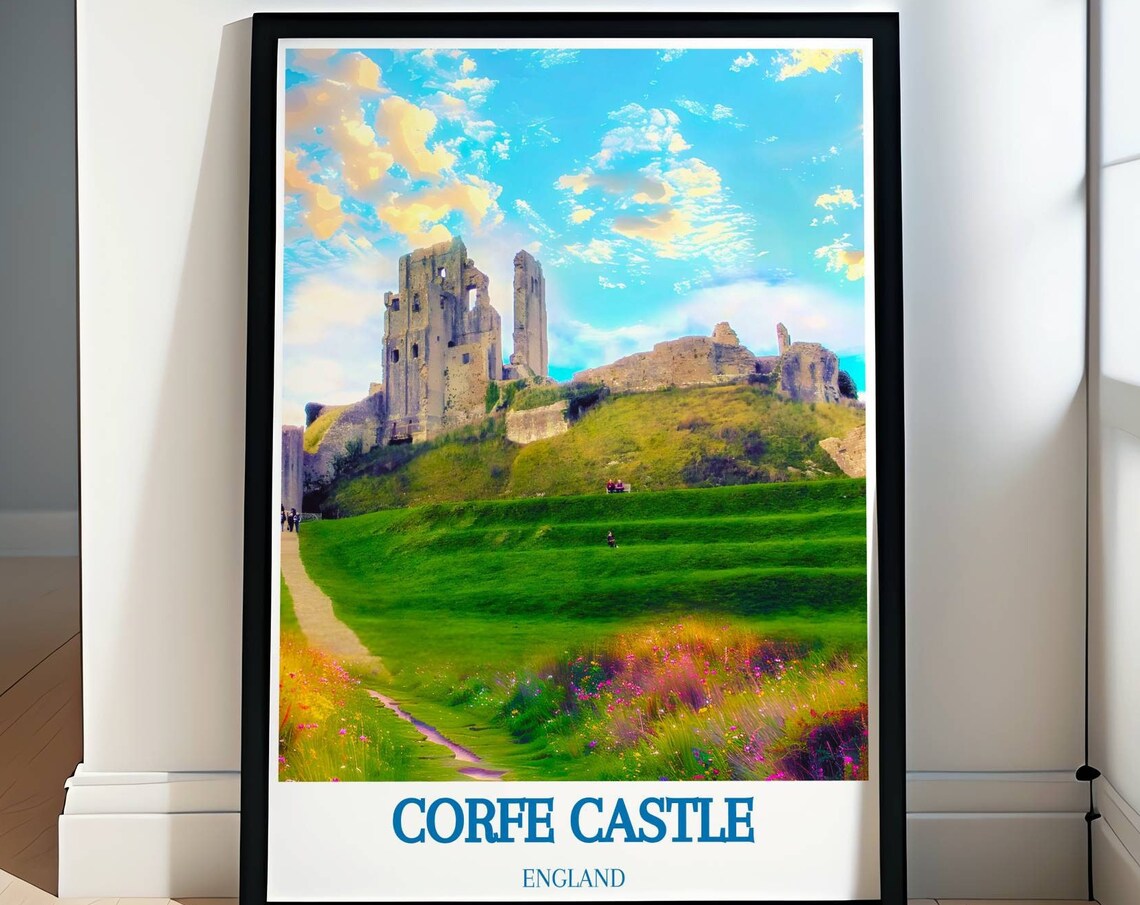 Corfe Castle England Ruins Green Hill Spring Countryside Travel Poster