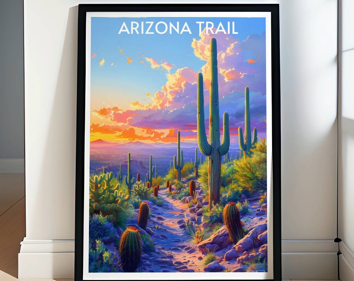 Arizona Trail Saguaro Cacti Silhouettes at Desert Sunset Poster