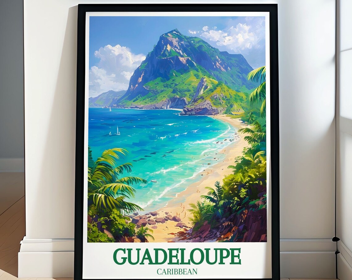 Guadeloupe Caribbean Volcano Beach Day Sailboats Travel Poster