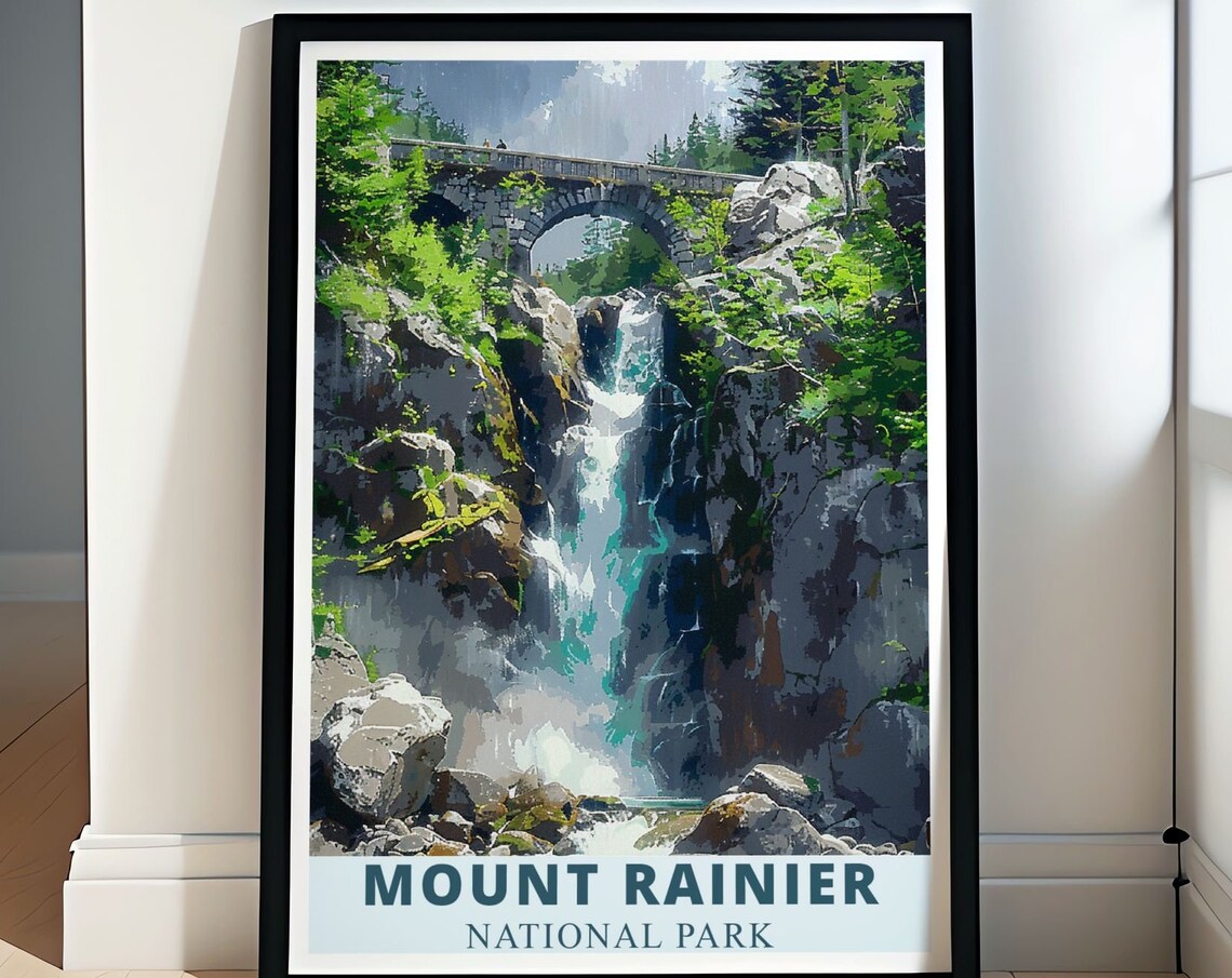 Mount Rainier National Park Christine Falls Waterfall Travel Poster