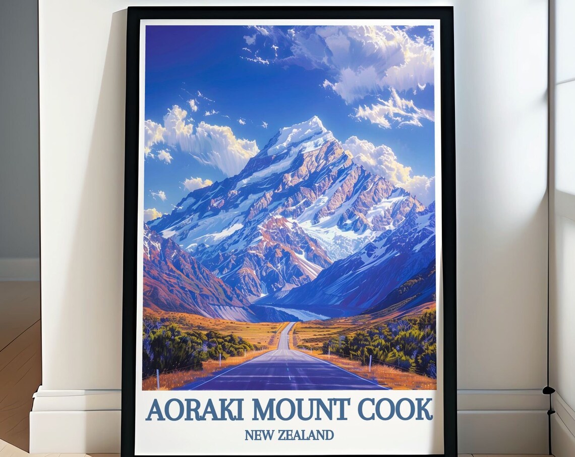Aoraki Mount Cook New Zealand Snowcapped Peak Road Scenic Poster