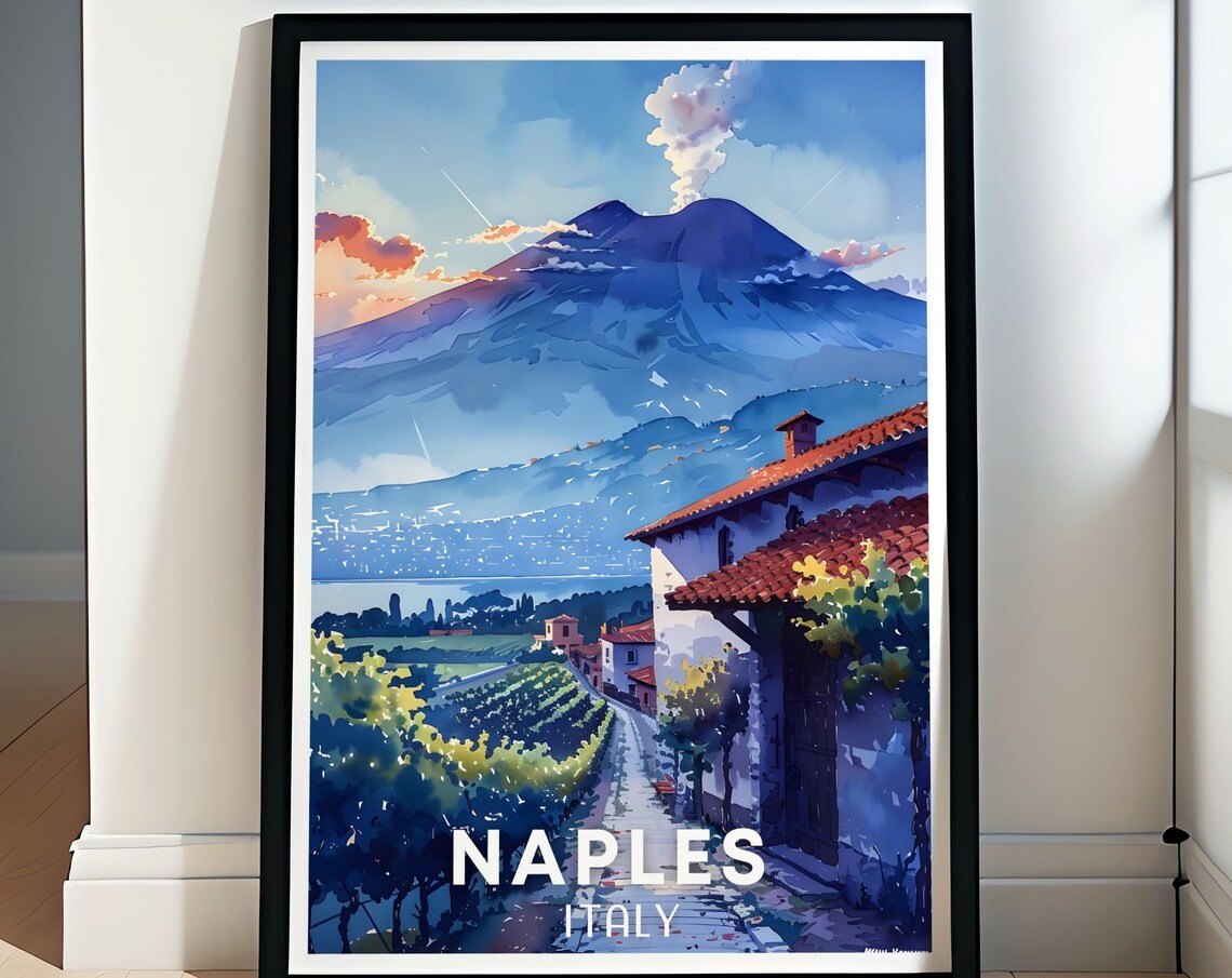 Naples Italy Mount Vesuvius Vineyard Sunset Watercolor Travel Poster