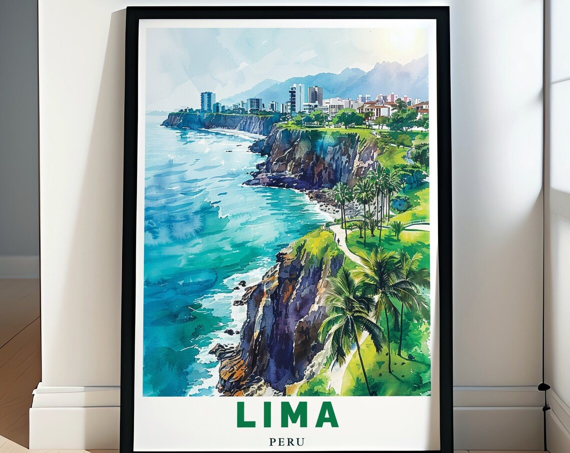 Lima Peru Miraflores Cliffs Ocean Watercolor City Travel Poster