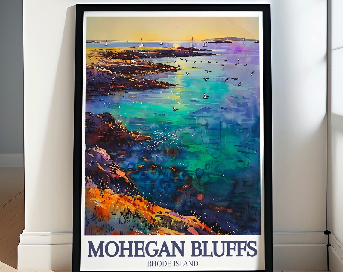 Mohegan Bluffs Rhode Island Golden Sunset Watercolor Coast Poster
