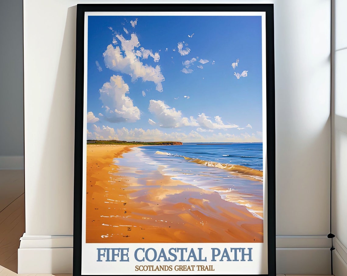 Fife Coastal Path Scotland Golden Beach Waves Under Blue Sky Poster