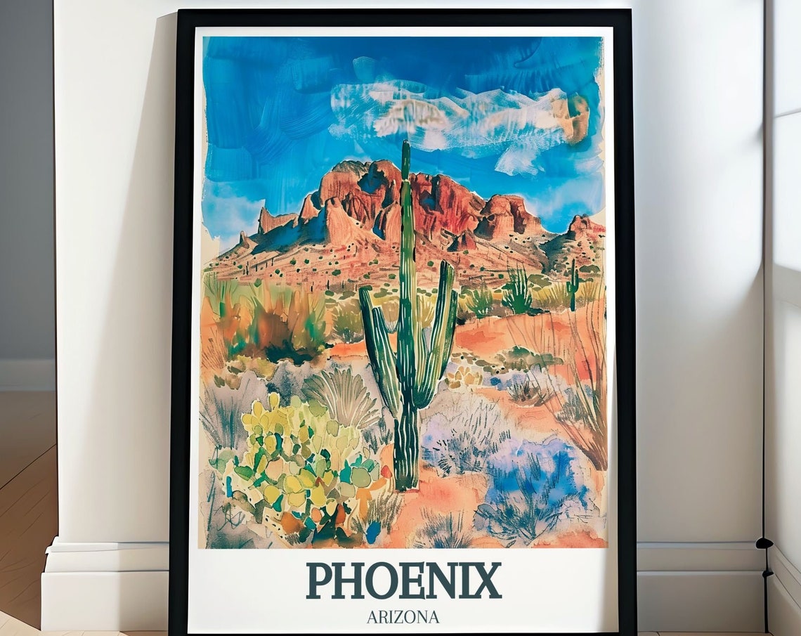 Phoenix Arizona Saguaro Cactus Camelback Mountain Watercolor Poster