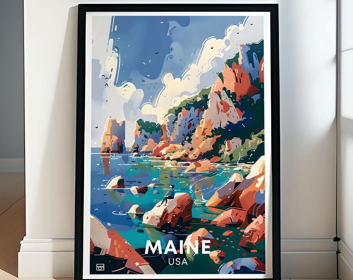 Maine USA Figure On Coastal Rocks Above The Blue Ocean Poster
