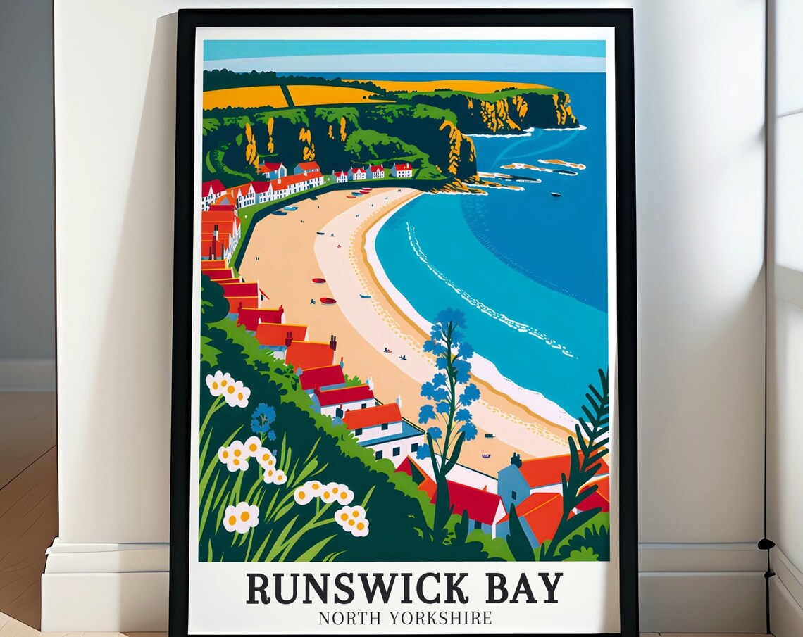 Runswick Bay North Yorkshire Beach Cottages Wildflowers Travel Poster