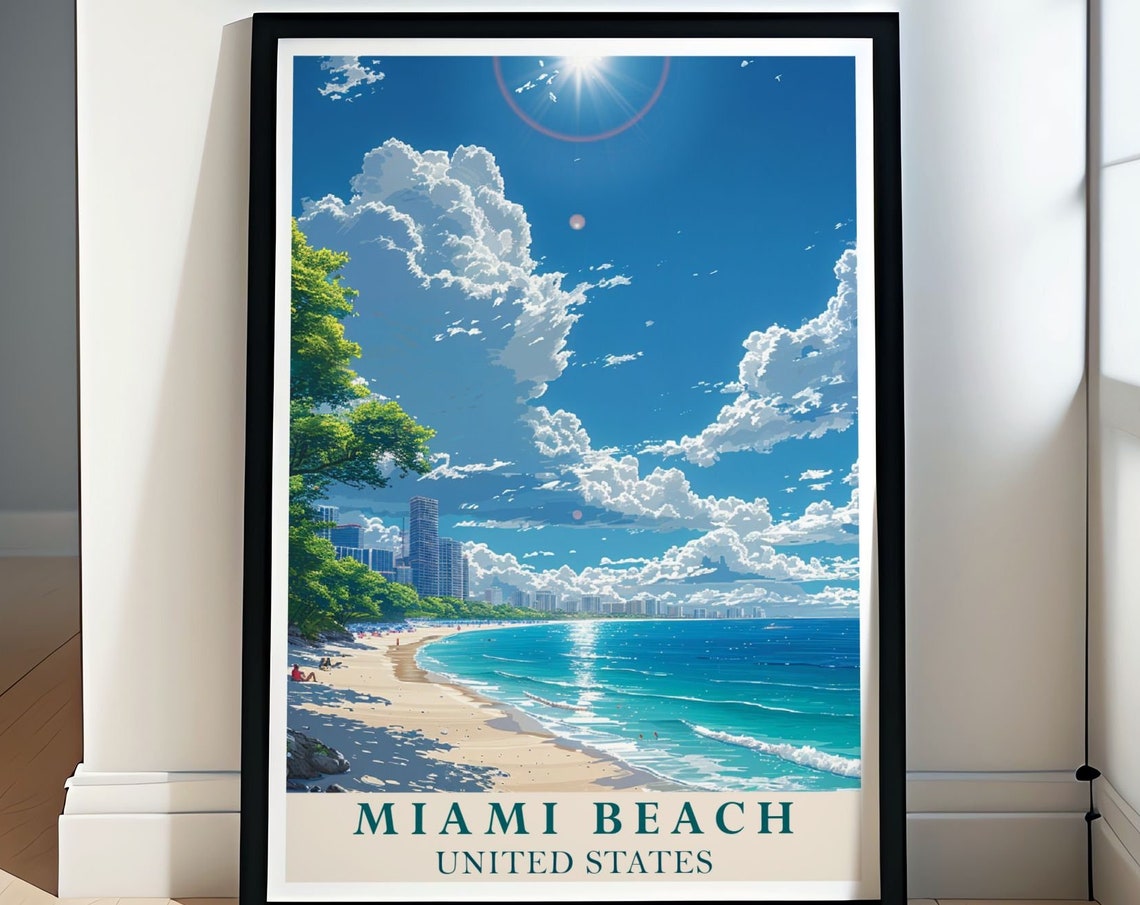 Miami Beach Sunny Shoreline With City Skyline And Clouds Poster