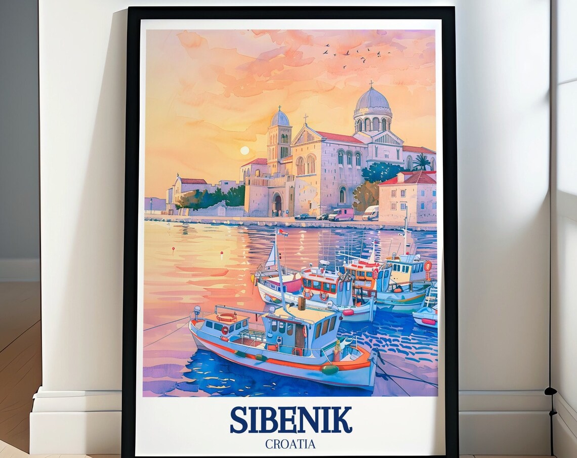 Sibenik Croatia St James Cathedral at Harbor Sunset Travel Poster