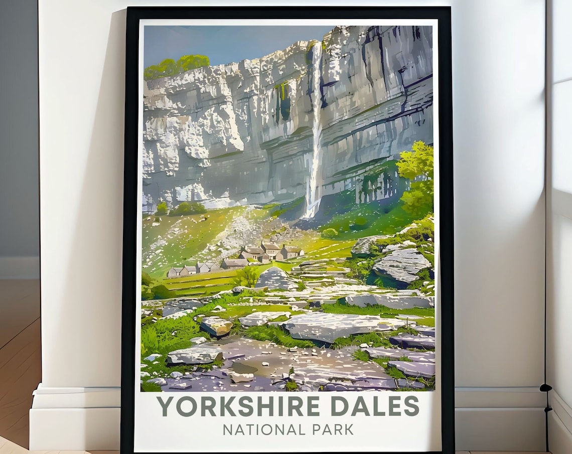 Yorkshire Dales National Park Malham Cove Waterfall Travel Poster