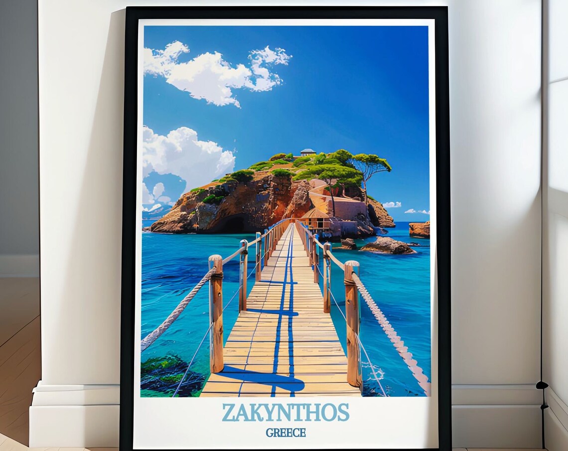 Zakynthos Cameo Island Wooden Rope Bridge Blue Sea Travel Poster