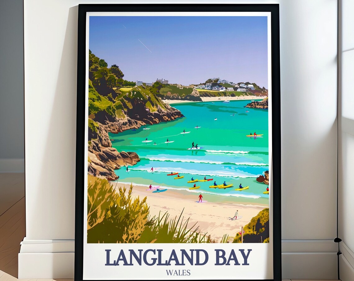 Langland Bay Wales Kayakers Turquoise Cove Rocky Beach Escape Poster