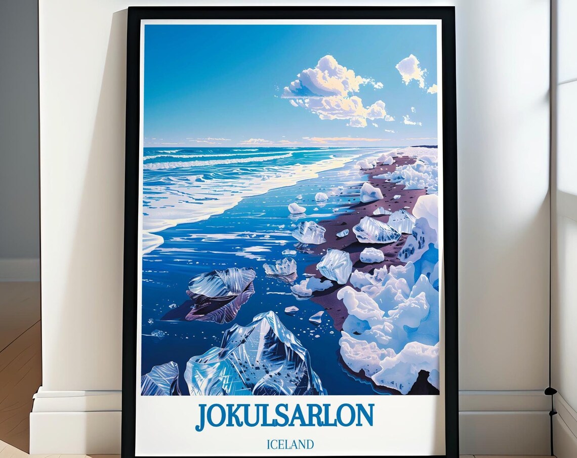 Jokulsarlon Ice Beach Waves Crystal Icebergs Iceland Travel Poster