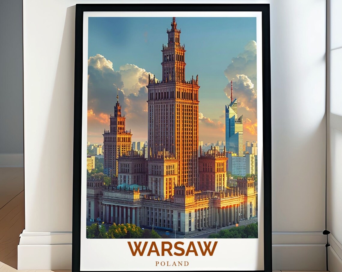 Warsaw Palace of Culture and Science Sunset View Travel Poster