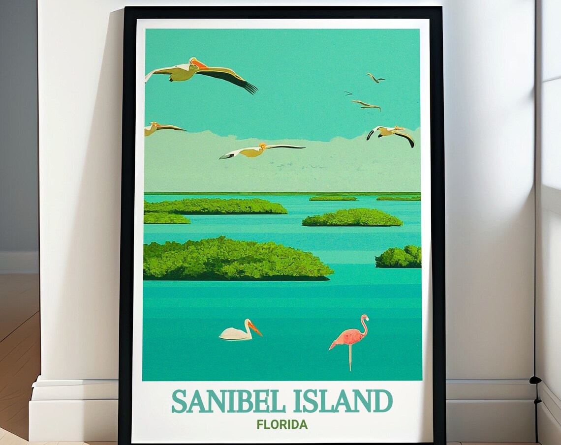Sanibel Island Florida Pelican Flamingo Turquoise Bay Travel Poster