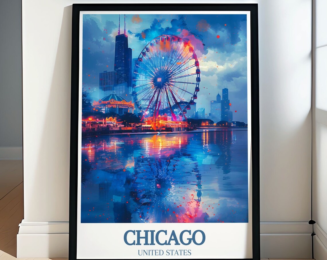 Chicago Navy Pier Centennial Wheel at Night Over Lake Michigan Poster