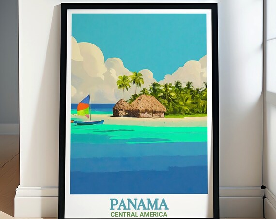 Panama Central America San Blas Islands Hut Sailboat Retro Poster