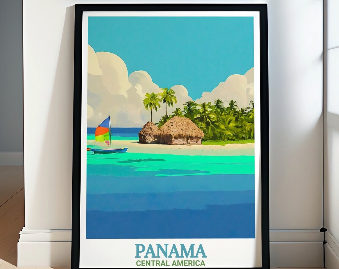 Panama Central America San Blas Islands Hut Sailboat Retro Poster