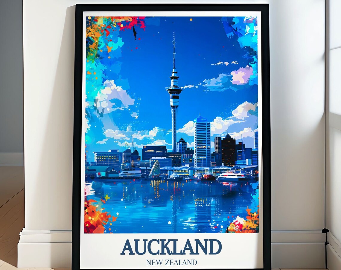 Auckland New Zealand Skyline Poster With Sky Tower At Night In Blue