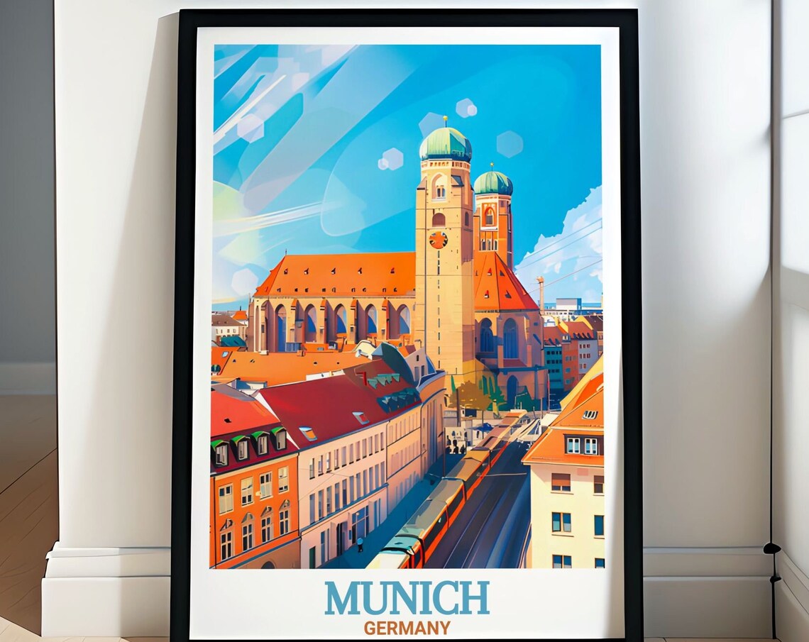 Munich Frauenkirche Twin Domes Old Town Rooftops Tram Travel Poster