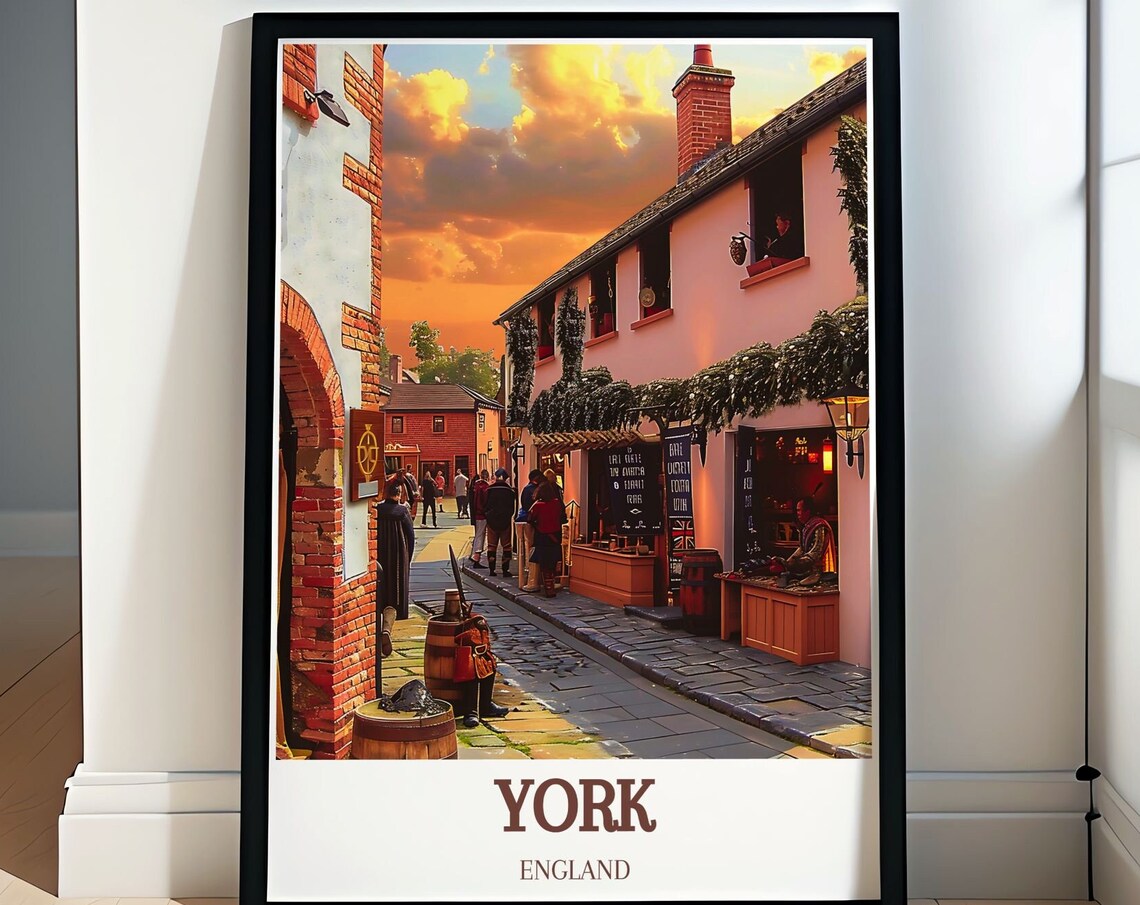 York Medieval Viking Street Golden Sunset Pubs Travel Poster