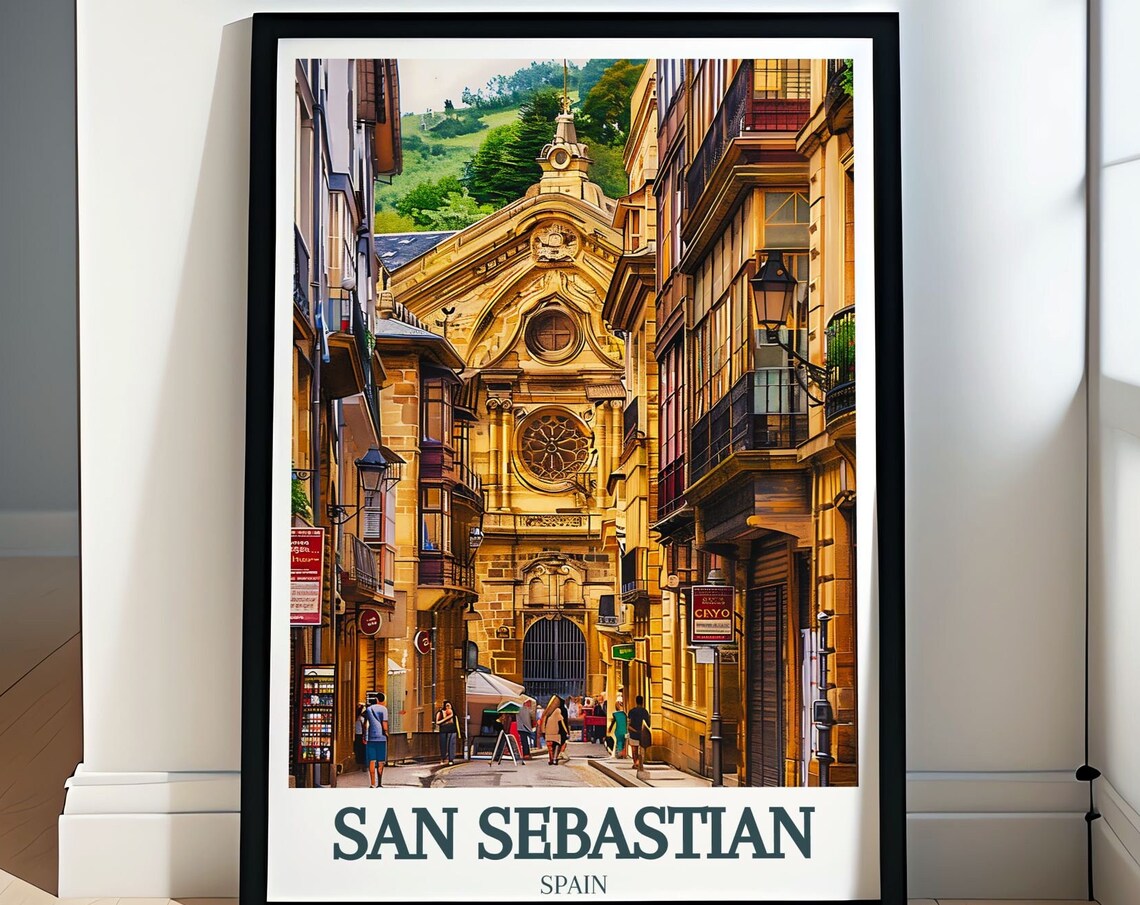 San Sebastian Old Town Santa Maria Church Spain Travel Poster