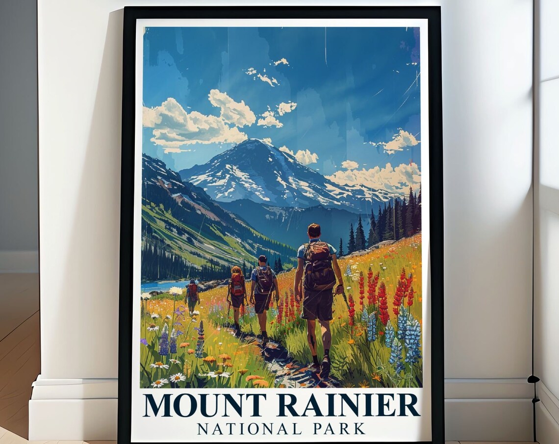 Mount Rainier Travel Print, Paradise Meadows Decor